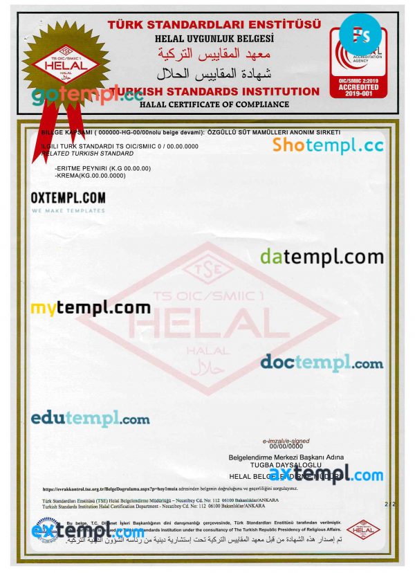 Turkish Standards Institution certificate PSD template, 2 pages