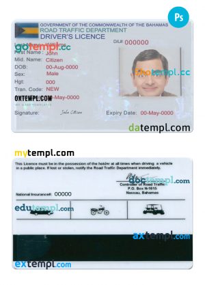 Bahamas driving license PSD template, completely editable