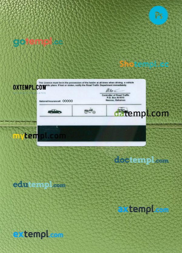Bahamas driving license editable PSD files, scan look and photo-realistic look, 2 in 1