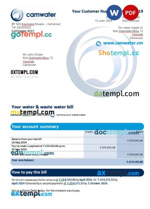 Cameroon Camwater utility bill Word and PDF template