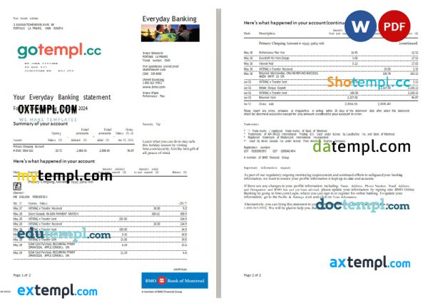 Canada BMO bank everyday banking statement Word and PDF template, 2 pages