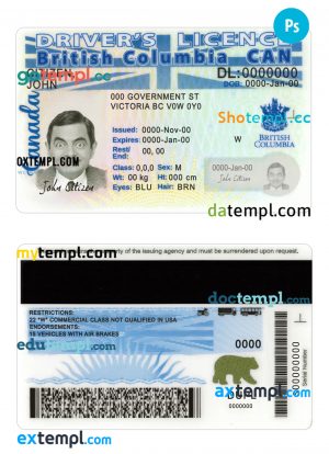 Canada British Columbia driving license PSD template, 2022-present