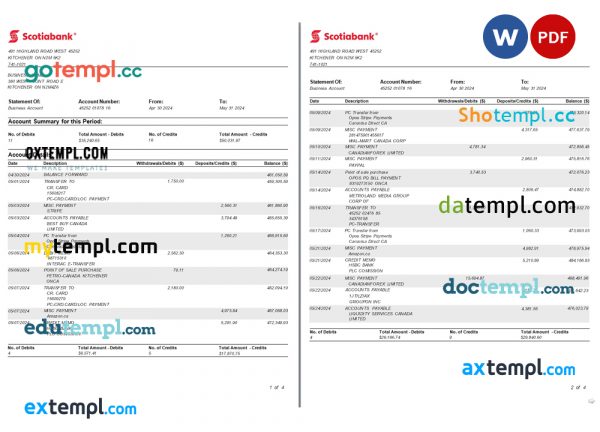 Canada Ontario Scotiabank business bank account statement, Word and PDF template, 4 pages