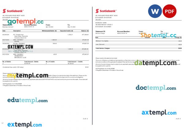 Canada Ontario Scotiabank business bank account statement, Word and PDF template, 4 pages