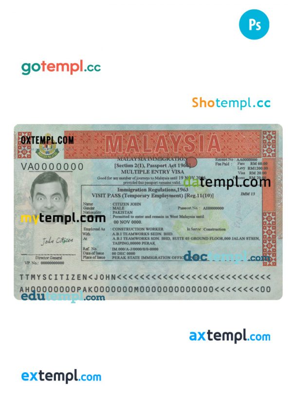 Malaysia multiple entry visa PSD template, version 2