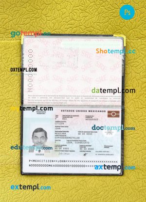 Mexico passport editable PSD files, 2 in 1, scan and photo look templates, 2022-present