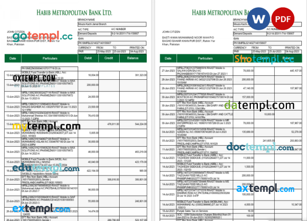 Pakistan Habib Metropolitan bank statement Word and PDF template, 5 pages