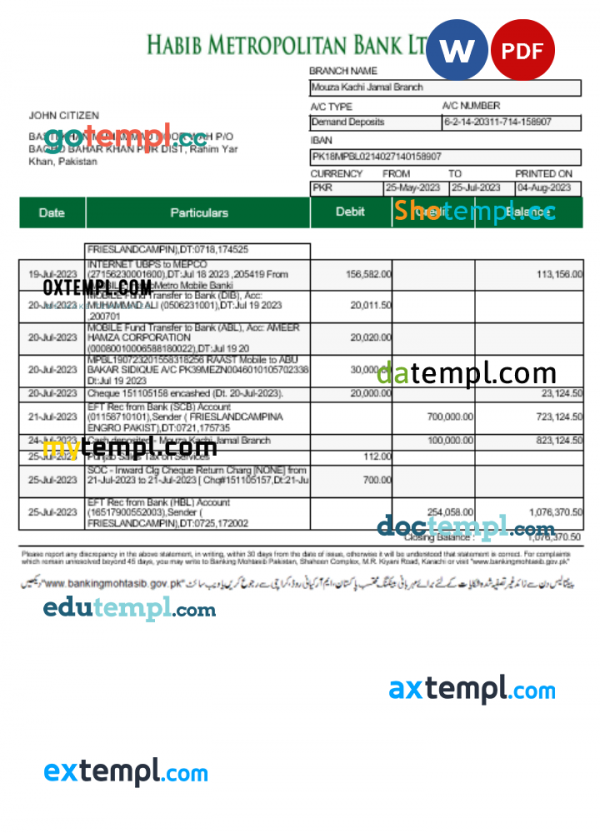 Pakistan Habib Metropolitan bank statement Word and PDF template, 5 pages