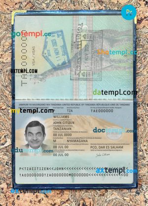Tanzania passport editable PSD files, 2 in 1, scan and photo look templates, 2019-present