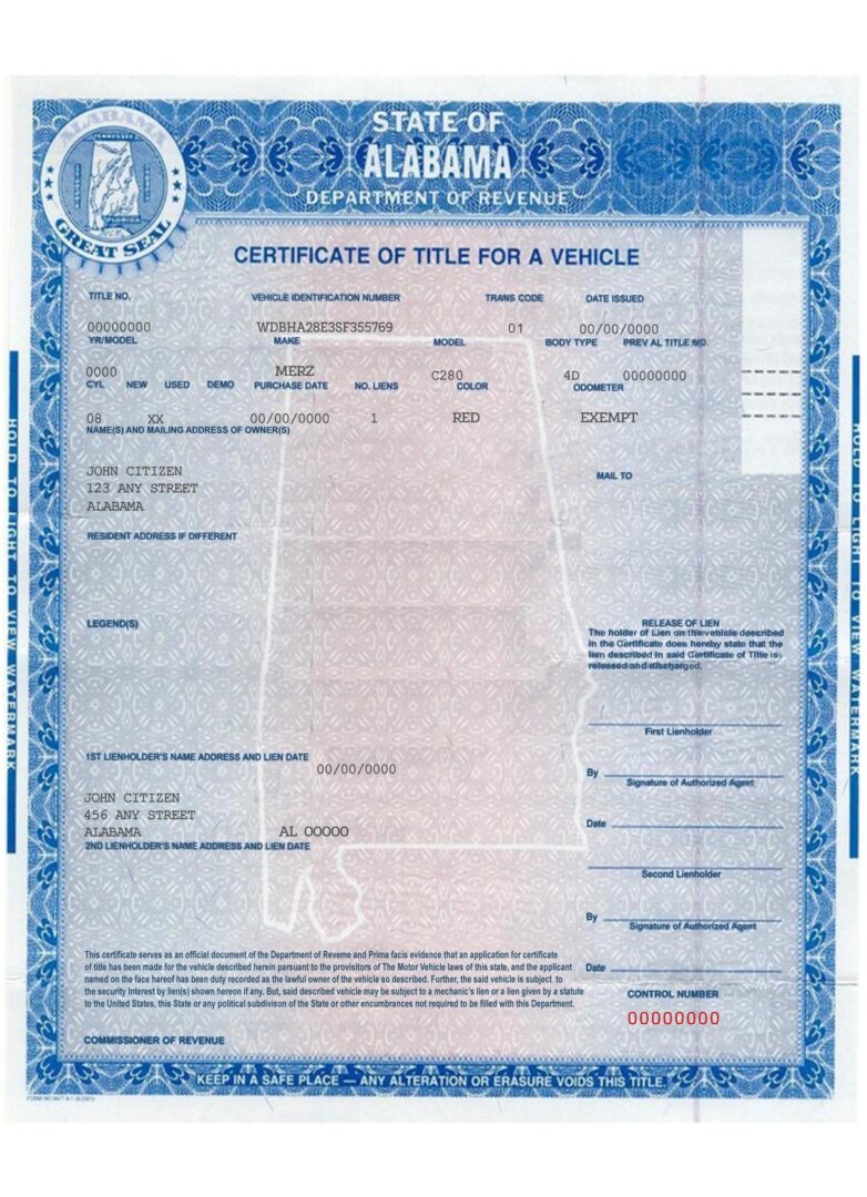 Alabama certificate of title of a vehicle (car title) template in PSD format, fully editable