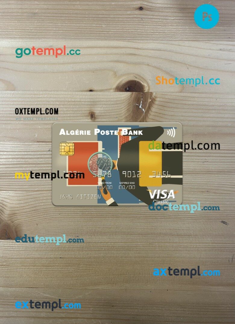 Algeria Algérie Poste Bank visa card PSD scan and photo-realistic snapshot, 2 in 1