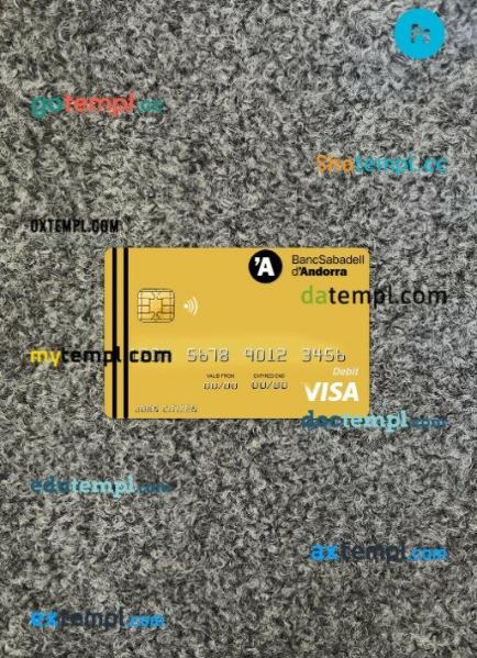 Andorra Bank Sabadell bank visa card PSD scan and photo-realistic snapshot, 2 in 1