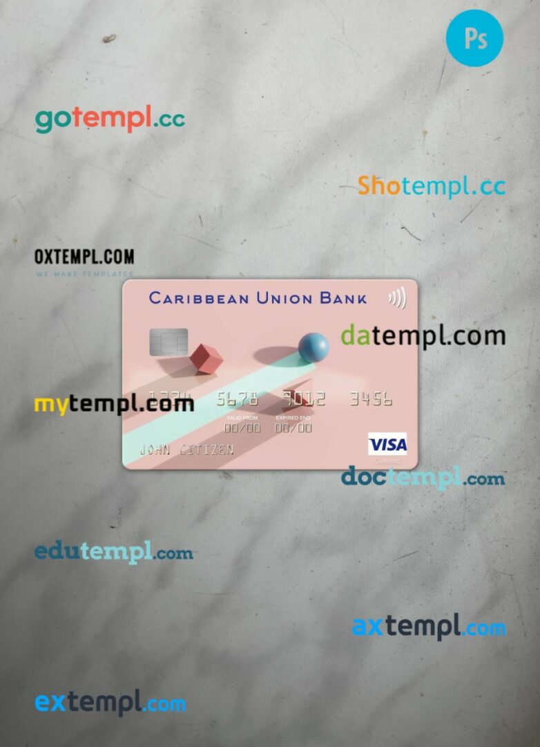 Antigua and Barbuda Caribbean Union Bank visa card PSD scan and photo-realistic snapshot, 2 in 1