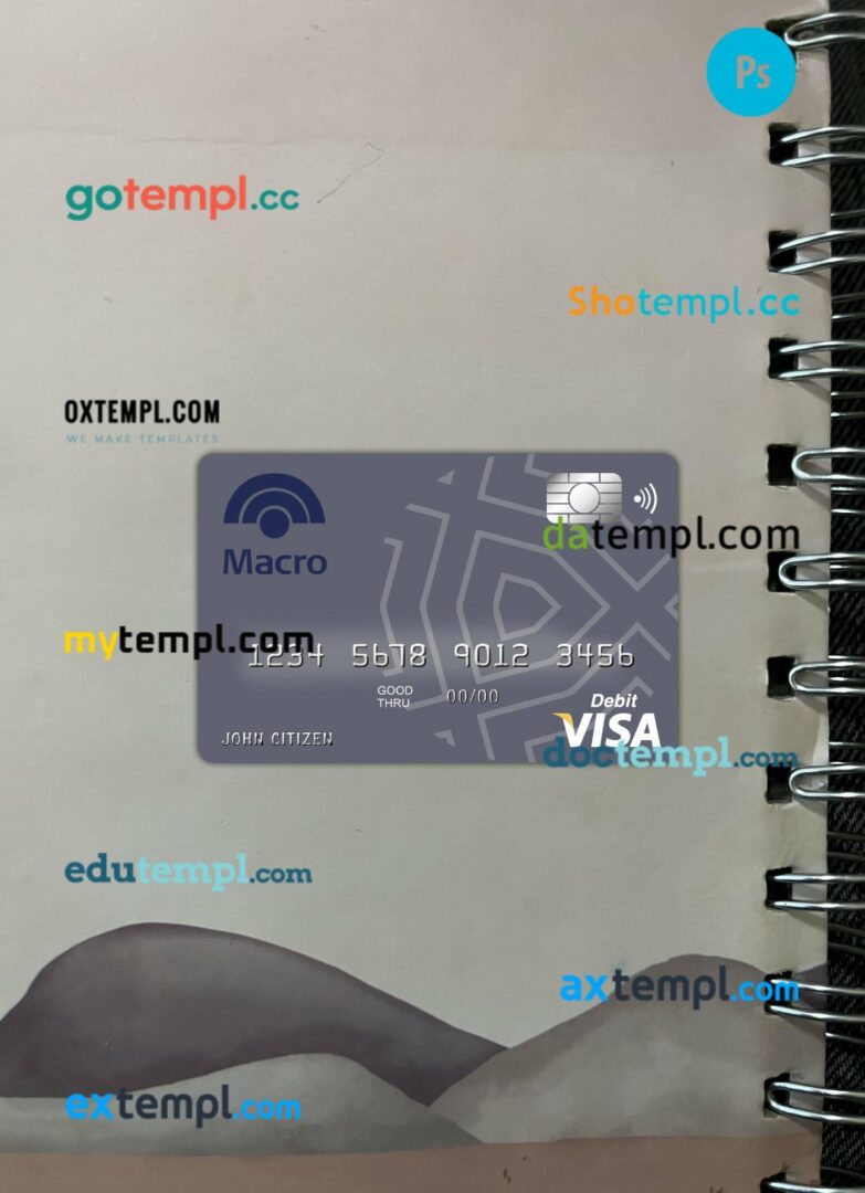 Argenitina Banco Macro S.A bank visa card PSD scan and photo-realistic snapshot, 2 in 1