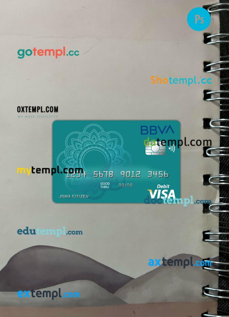 Argentina BBVA bank visa debit card PSD scan and photo-realistic snapshot, 2 in 1