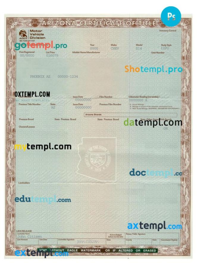 Arizona certificate of title of a vehicle (car title) template in PSD format, fully editable