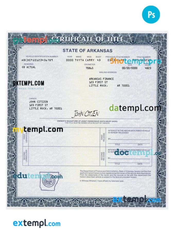 Arkansas certificate of title of a vehicle (car title) template in PSD format, fully editable