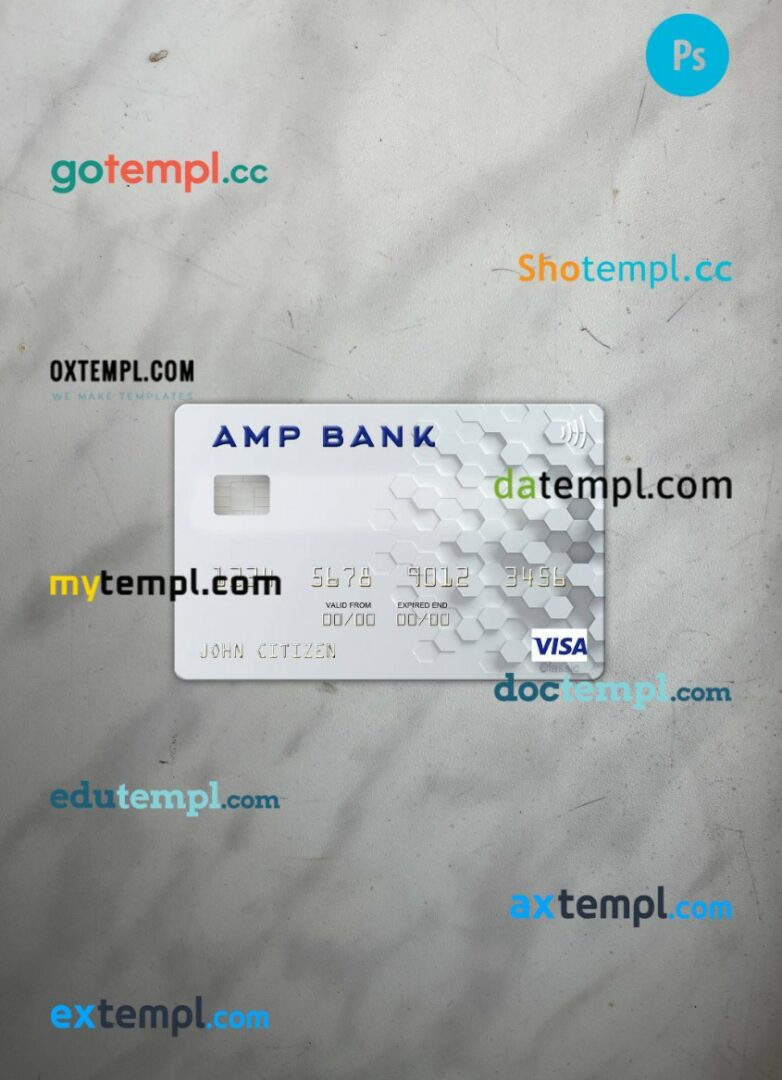 Australia AMP Bank visa card PSD scan and photo-realistic snapshot, 2 in 1