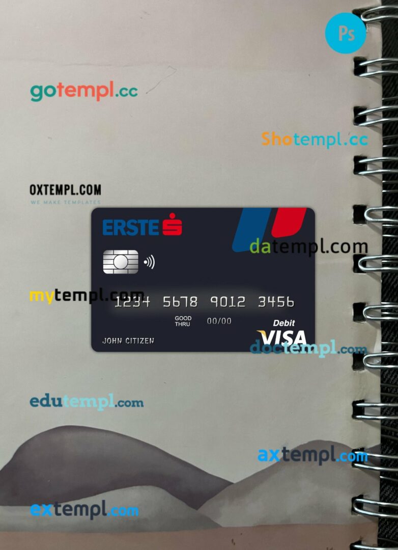 Austria Erste Group bank visa card PSD scan and photo-realistic snapshot, 2 in 1