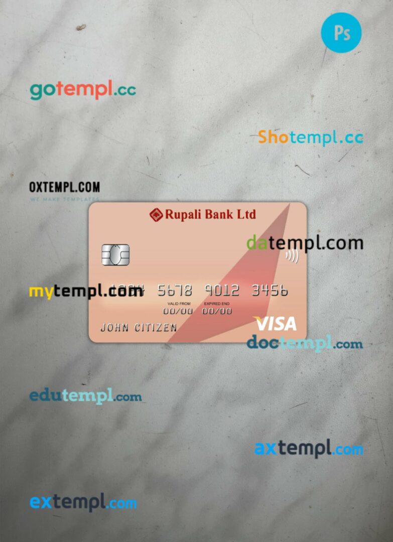 Bangladesh Rupali bank visa card PSD scan and photo-realistic snapshot, 2 in 1