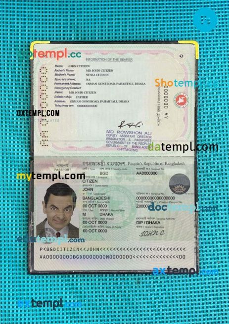 Bangladesh passport psd files, editable scan and snapshot sample (Machin since April 2010), 2 in 1