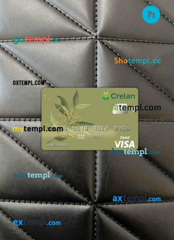 Belgium Crelan bank visa card PSD scan and photo-realistic snapshot, 2 in 1