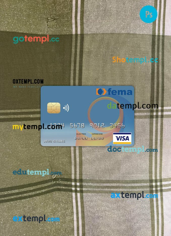 Benin Fema bank visa card PSD scan and photo-realistic snapshot, 2 in 1
