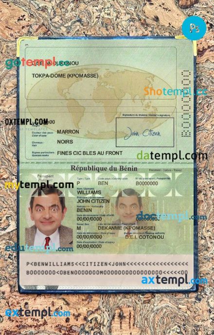Benin passport editable PSD files, scan and photo-realistic look, 2 in 1