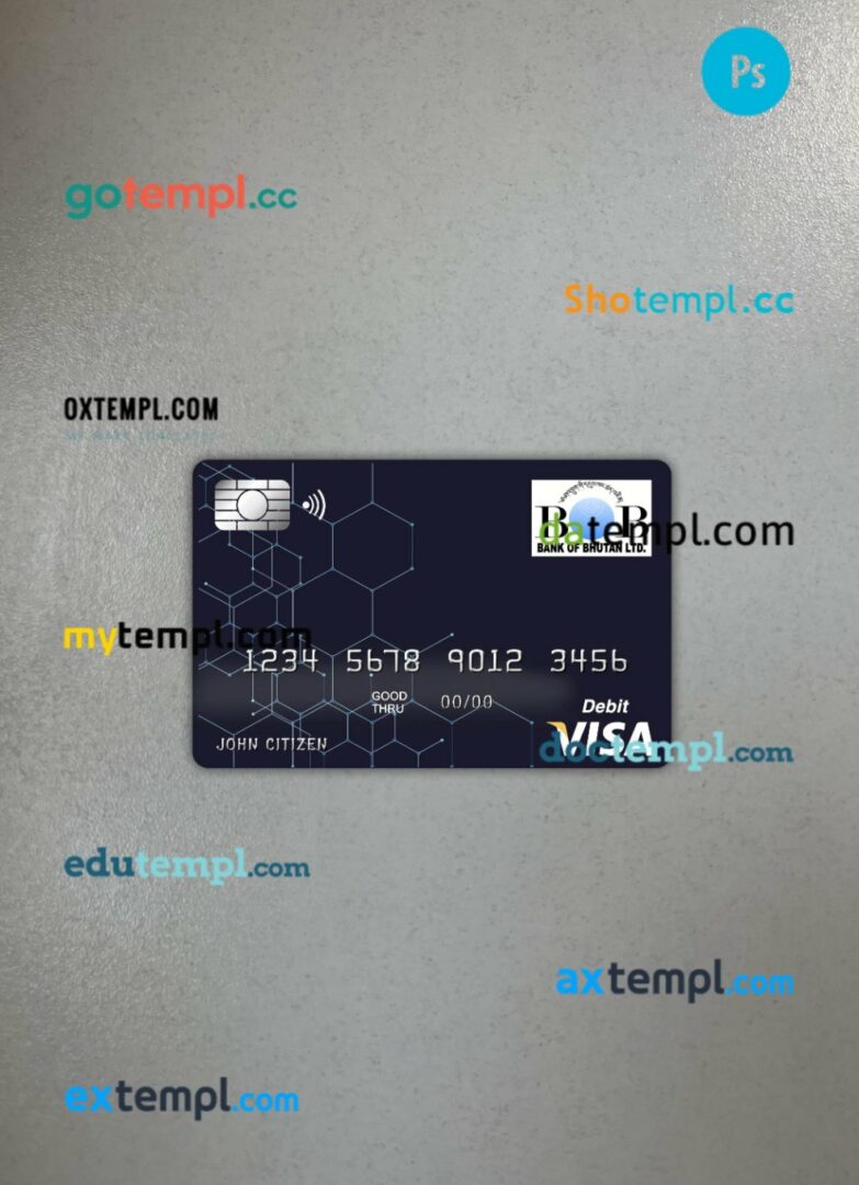 Bhutan Bank of Bhutan visa card PSD scan and photo-realistic snapshot, 2 in 1