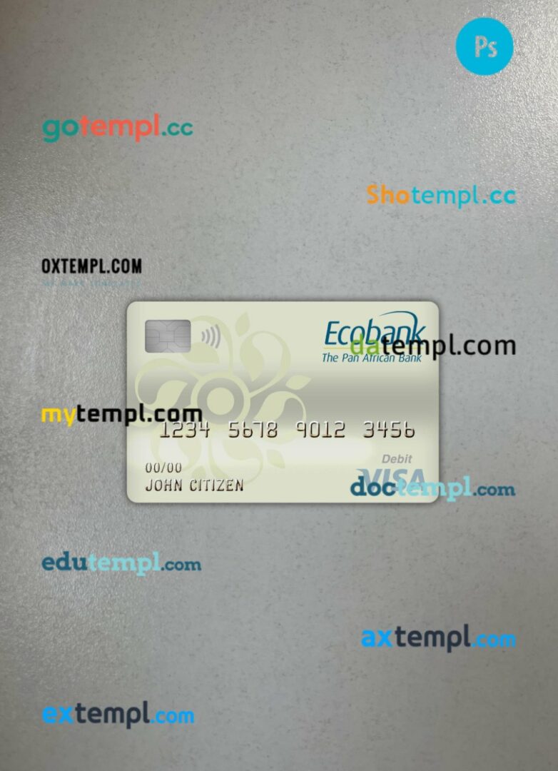 Burkina Faso Ecobank bank visa debit card PSD scan and photo-realistic snapshot, 2 in 1