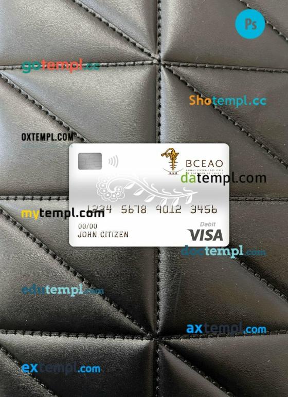 Burkina Faso the central bank of west african states bank visa debit card PSD scan and photo-realistic snapshot, 2 in 1