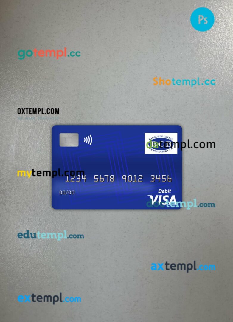 Burundi Credit bank of Bujumbura visa debit card PSD scan and photo-realistic snapshot, 2 in 1