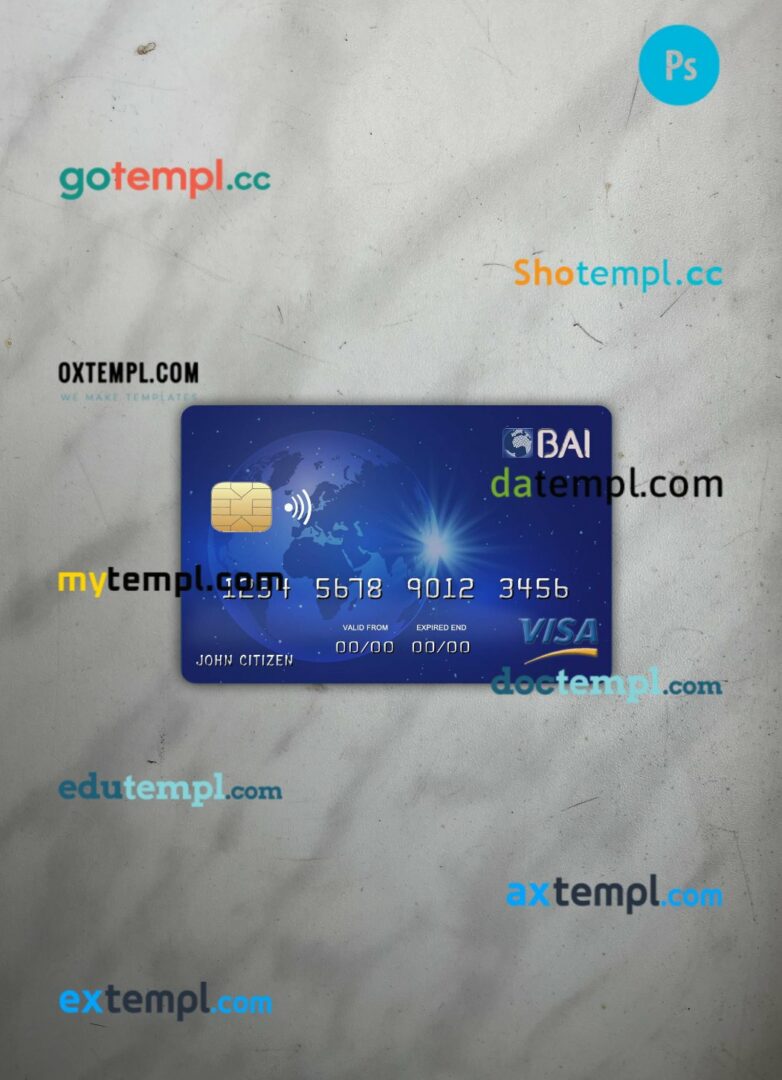 Cabo Verde BAI bank visa card PSD scan and photo-realistic snapshot, 2 in 1