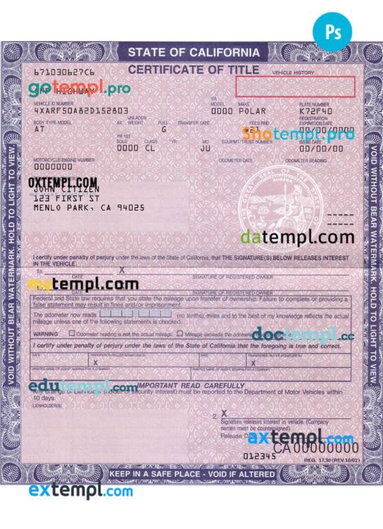 California certificate of title of a vehicle (car title) template in PSD format, fully editable