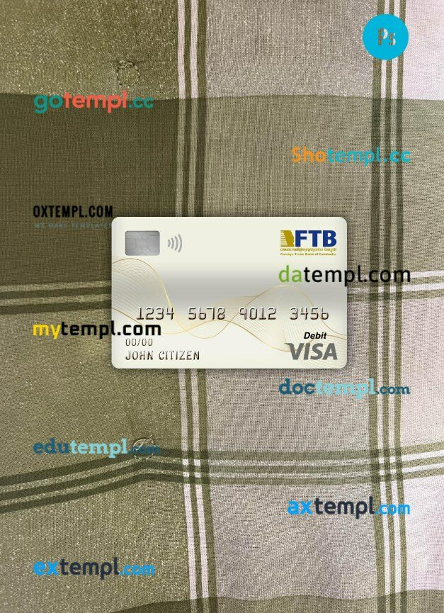 Cambodia Foreign Trade bank visa debit card PSD scan and photo-realistic snapshot, 2 in 1