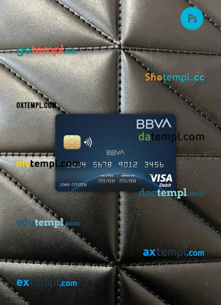 Colombia BBVA bank visa card PSD scan and photo-realistic snapshot, 2 in 1