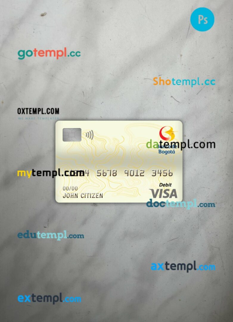 Colombia Banco de bogotá bank visa debit card PSD scan and photo-realistic snapshot, 2 in 1