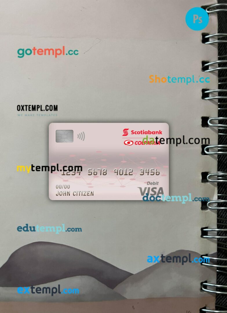Colombia Scotiabank colpatria bank visa debit card PSD scan and photo-realistic snapshot, 2 in 1