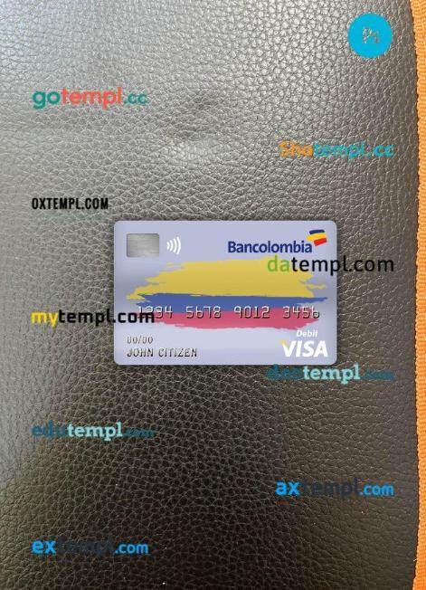Colombia bancolombia bank visa debit card PSD scan and photo-realistic snapshot, 2 in 1