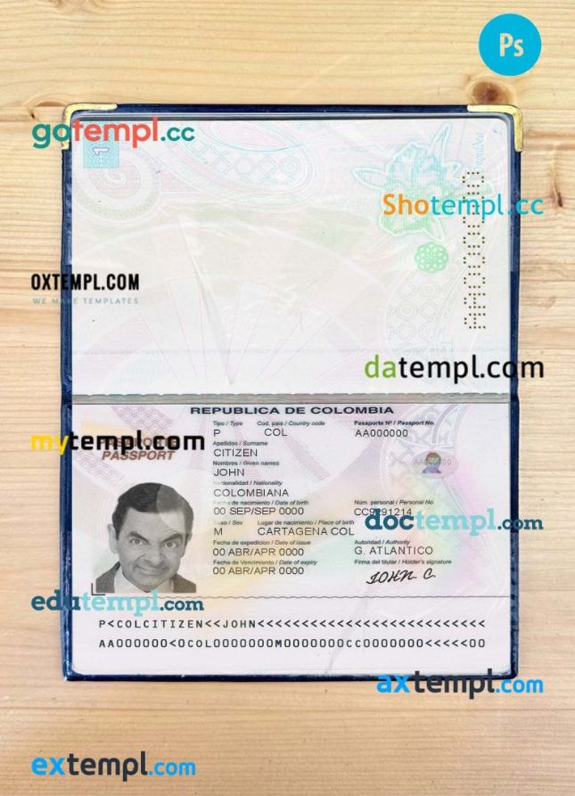 Colombia passport editable PSD files, scan and photo look templates (2018-2018), 2 in 1