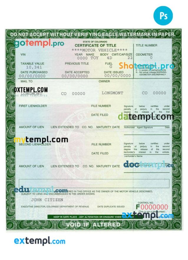 Colorado certificate of title of a vehicle (car title) template in PSD format, fully editable
