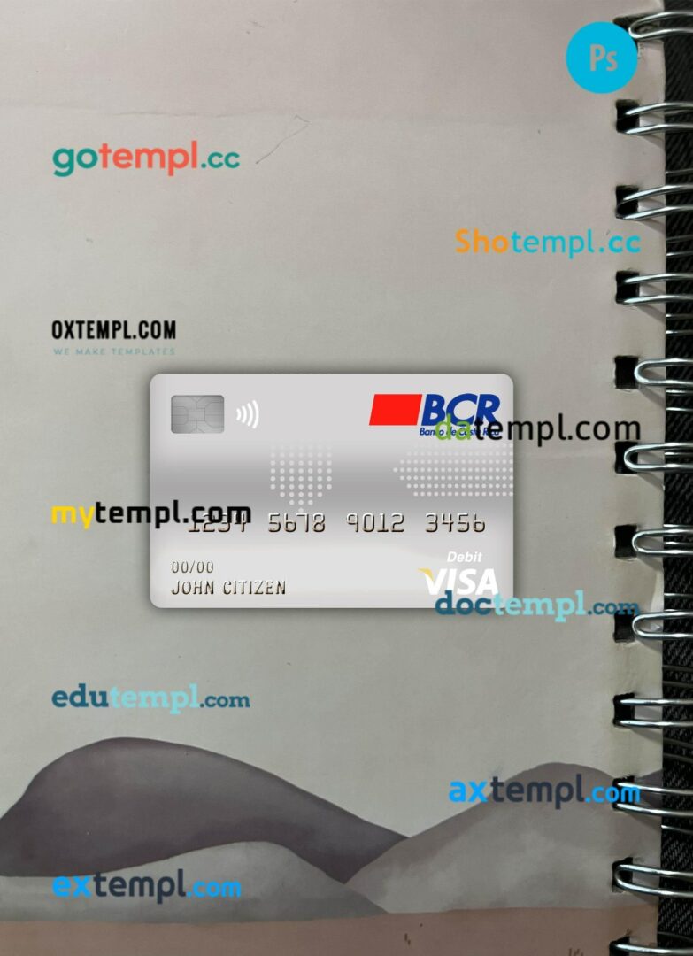 Costa Rica The Bank of Costa Rica visa debit card PSD scan and photo-realistic snapshot, 2 in 1