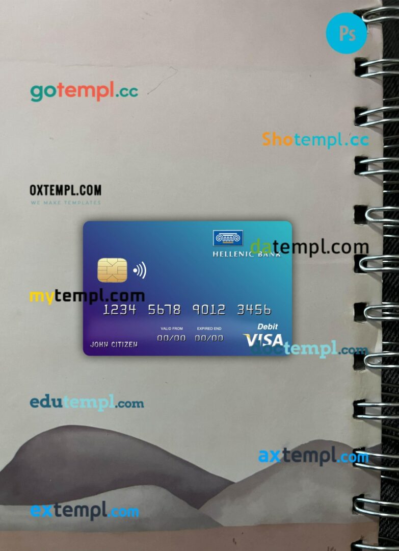 Cyprus Hellenic bank visa card PSD scan and photo-realistic snapshot, 2 in 1