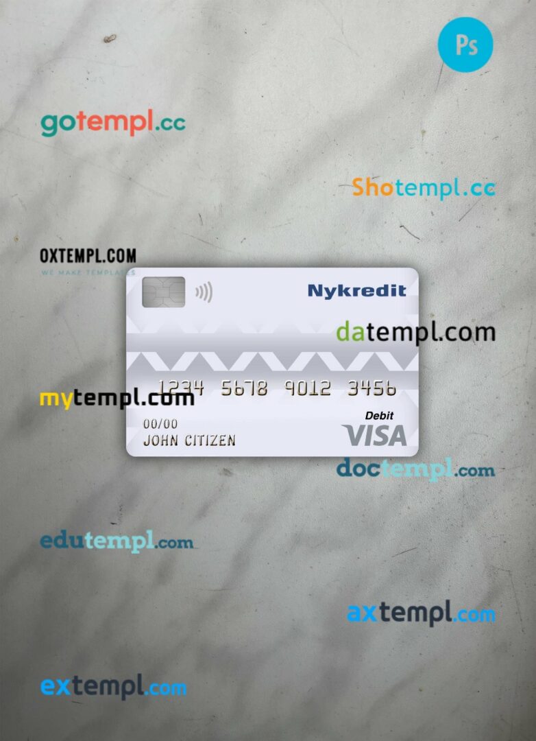 Denmark Nykredit bank visa debit card PSD scan and photo-realistic snapshot, 2 in 1