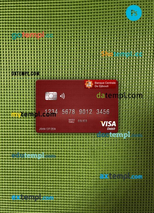 Djibouti Central Bank of Djibouti visa card PSD scan and photo-realistic snapshot, 2 in 1