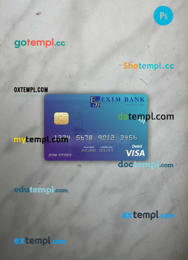 Djibouti Exim Bank visa card PSD scan and photo-realistic snapshot, 2 in 1