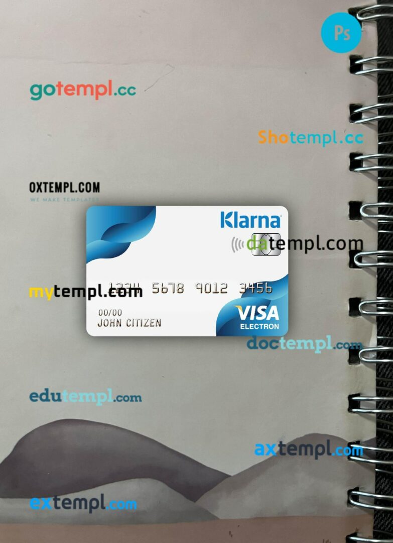 Finland Klarna bank visa electron card PSD scan and photo-realistic snapshot, 2 in 1