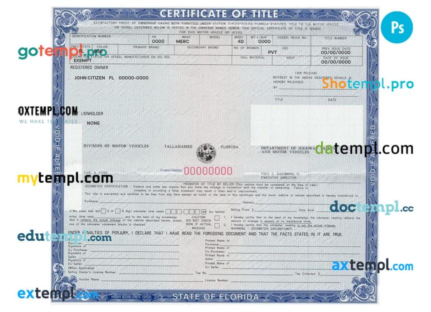 Florida certificate of title of a vehicle (car title) template in PSD format, fully editable