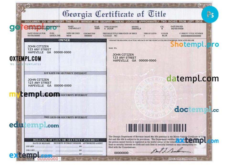 Georgia certificate of title of a vehicle (car title) template in PSD format, fully editable