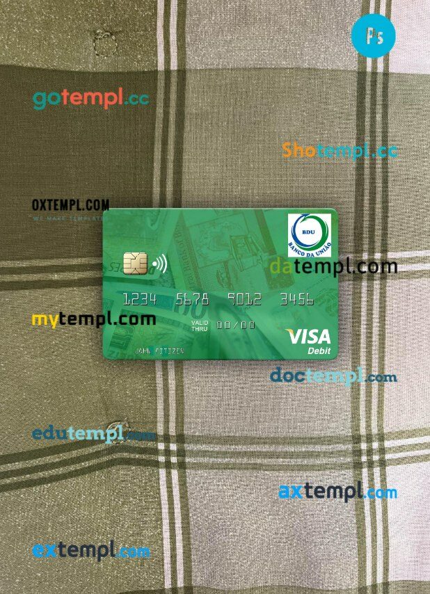 Guinea Bissau Banco Da Uniao visa debit card PSD scan and photo-realistic snapshot, 2 in 1
